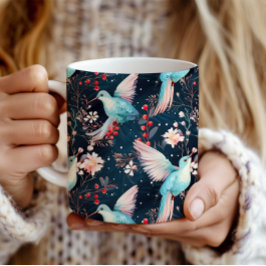Farbenfrohes Winter-Kolibri- und Blumenmuster Kaffeetasse