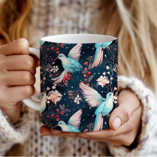 Farbenfrohes Winter-Kolibri- und Blumenmuster Kaffeetasse