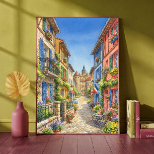 Farbenfroße französische Dorfgasse-Schloss-Wasserf Poster