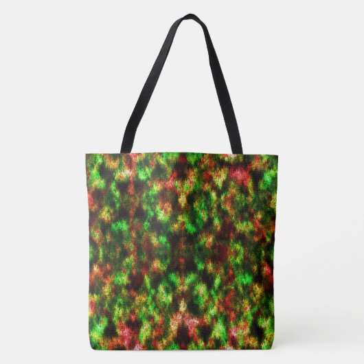 Farbengrün, gelb bis rot mit Federn. Tasche (Vorderseite)