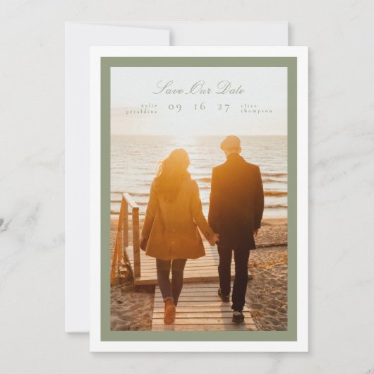 Farbengrüne Kalligrafie Weißrahmen Klassisches Fot Save The Date (Vorderseite)