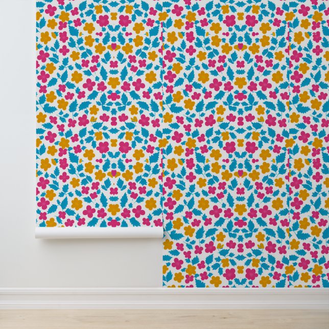 Farbenvolles Blumendesign mit blauen Blätter Tapete (Anwendung)