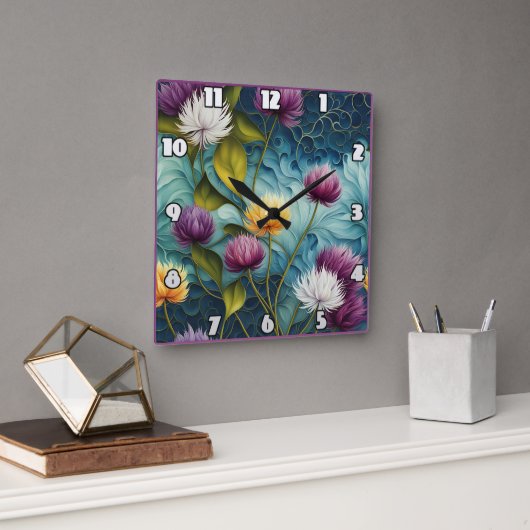 Farbenvolles Blumendesign mit lebhaften Blätter Quadratische Wanduhr (Büro)