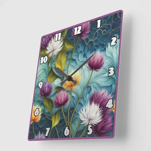Farbenvolles Blumendesign mit lebhaften Blätter Quadratische Wanduhr (Winkel)