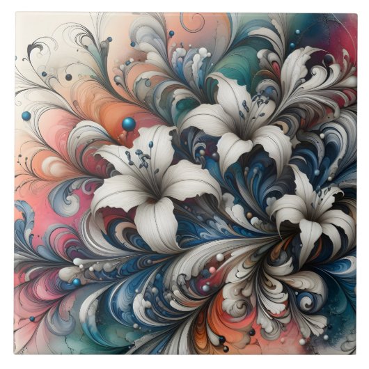Farbenvolles Blumendesign mit weißen Lilien Fliese (Vorderseite)