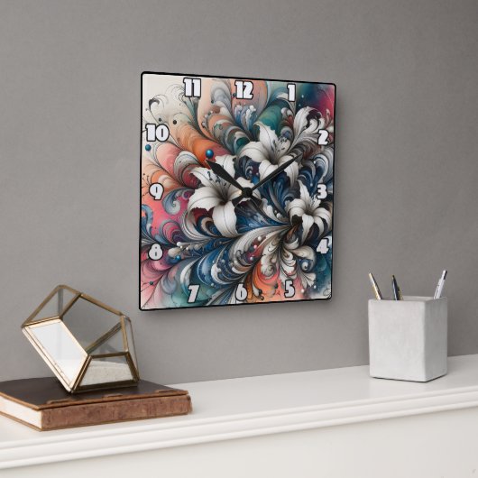 Farbenvolles Blumendesign mit weißen Lilien Quadratische Wanduhr (Büro)