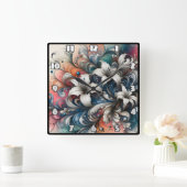 Farbenvolles Blumendesign mit weißen Lilien Quadratische Wanduhr (Zuhause)
