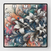 Farbenvolles Blumendesign mit weißen Lilien Quadratische Wanduhr (Vorderseite)