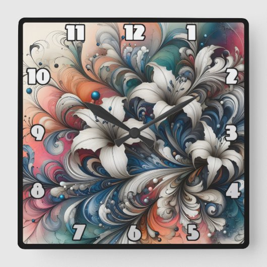 Farbenvolles Blumendesign mit weißen Lilien Quadratische Wanduhr (Vorderseite)