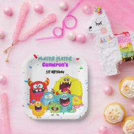 Farbenvolles Cute Fun Monster Geburtstagsparty Squ Pappteller
