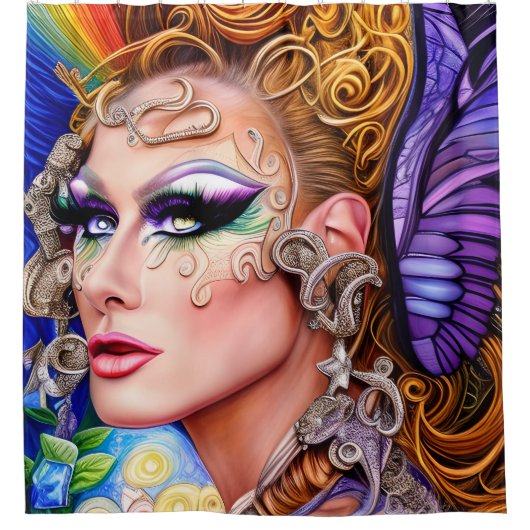Farbexplodierendes Drag Queen Artwork Design Duschvorhang (Vorderseite)