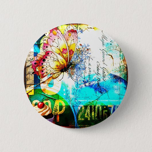 Farbexplosion Retro Schmetterling Collage Button (Vorderseite)