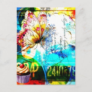 Farbexplosion Retro Schmetterling Collage Postkarte