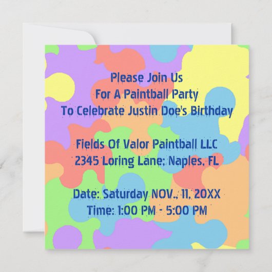 FARBfarben-SPRITZERpaintball-PARTY EINLADUNGEN (Rückseite)