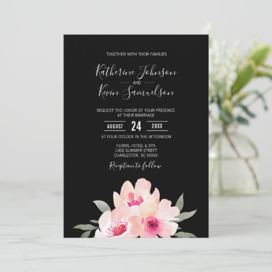 Farbfarbene Blush Pink Schwarze Blütenhochzeit Einladung (Stehend Vorderseite)