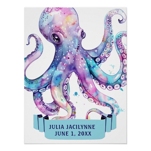 FARBFARBENES WASSERFARBENOCTOPUS MIT NAMEN Geburts Poster (Vorderseite)