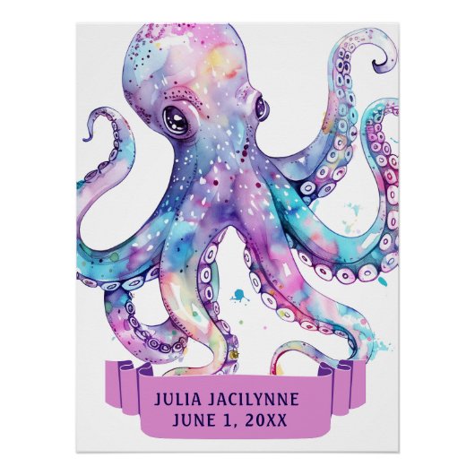 FARBFARBENES WASSERFARBENOCTOPUS MIT NAMEN Geburts Poster (Vorderseite)