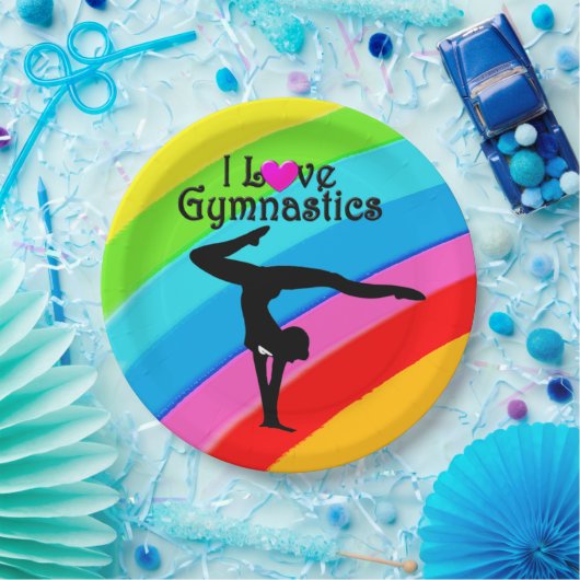 FARBFARBIGE RAINBOW I LIEBE GYMNASTICS PAPIERTELLE PAPPTELLER (Party)