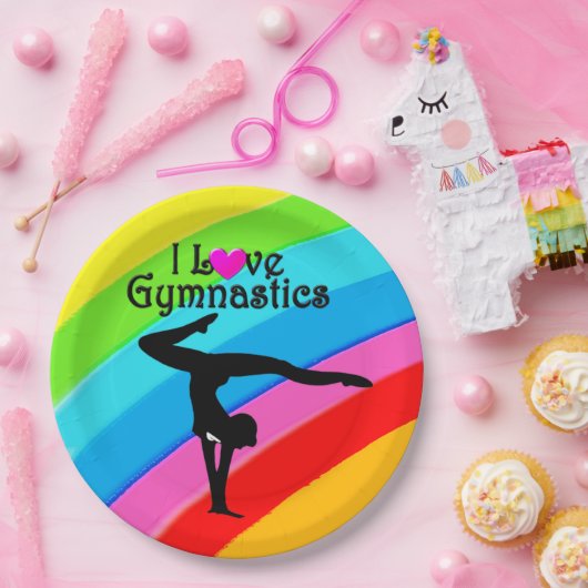 FARBFARBIGE RAINBOW I LIEBE GYMNASTICS PAPIERTELLE PAPPTELLER (Party)