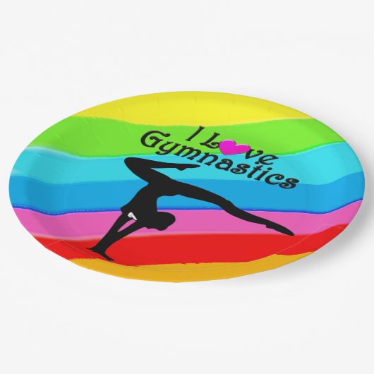 FARBFARBIGE RAINBOW I LIEBE GYMNASTICS PAPIERTELLE PAPPTELLER (Schrägansicht)