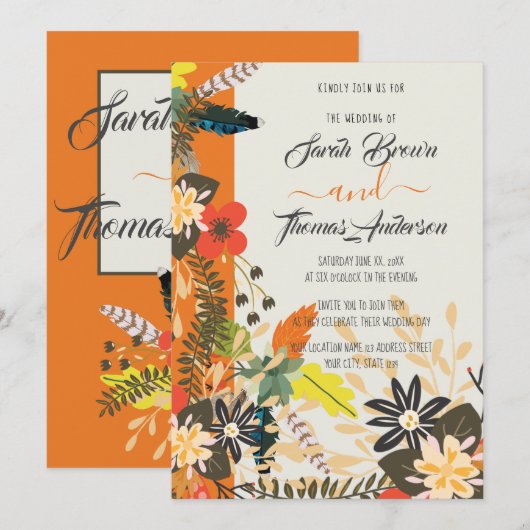 FARBFARBIL ORANGE BOHO FLORAL EINLADUNG (Vorne/Hinten)