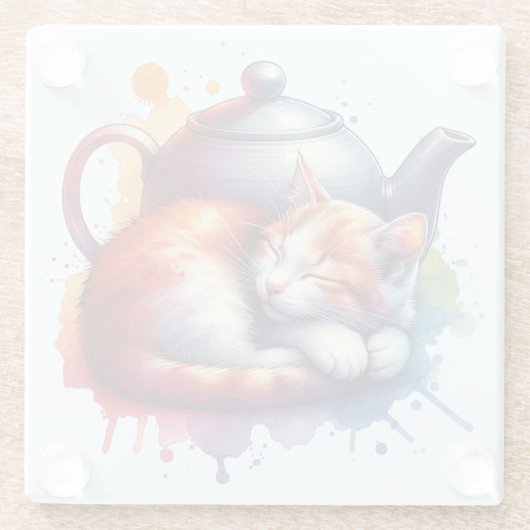Farbfernseher Katze Teapot Glasuntersetzer (Rückseite)