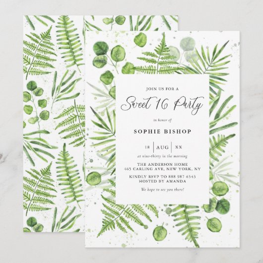 Farbfernseher und Eukalyptus-Rahmen Sweet 16 Party Einladung (Vorne/Hinten)