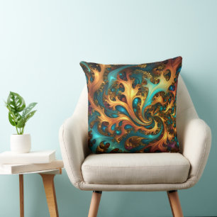Farbflamme: Aquamarin, Gold, Orange Fraktal Dance Kissen