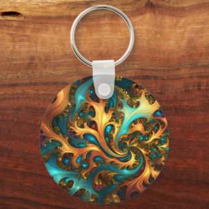 Farbflamme: Aquamarin, Gold, Orange Fraktal Dance Schlüsselanhänger