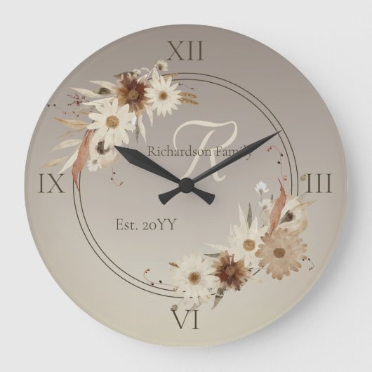 Farbflora-Monogramm für Herbstfarben Personalisier Große Wanduhr (Vorderseite)