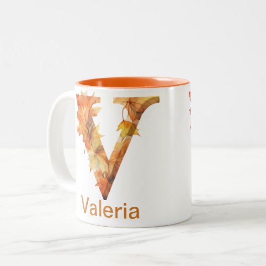Farbflorale Herbstleaves Letter V Monogramm Zweifarbige Tasse (Vorderseite Links)