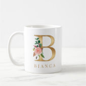 Farbflorale und goldene Buchstaben B Monogramm Kaffeetasse (Links)