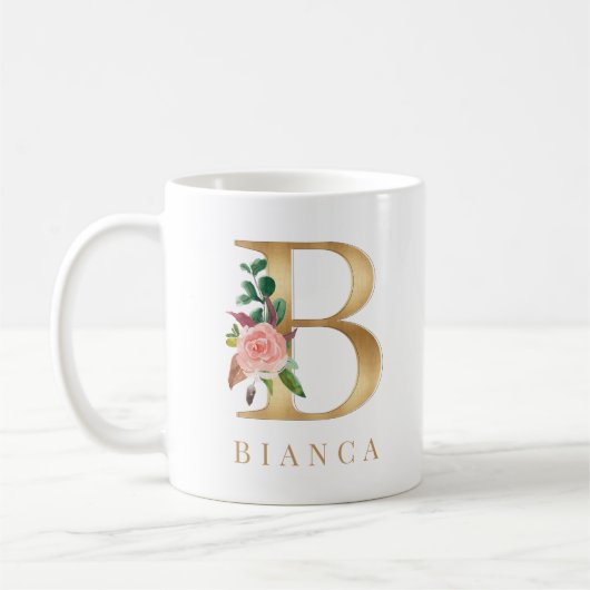 Farbflorale und goldene Buchstaben B Monogramm Kaffeetasse (Links)
