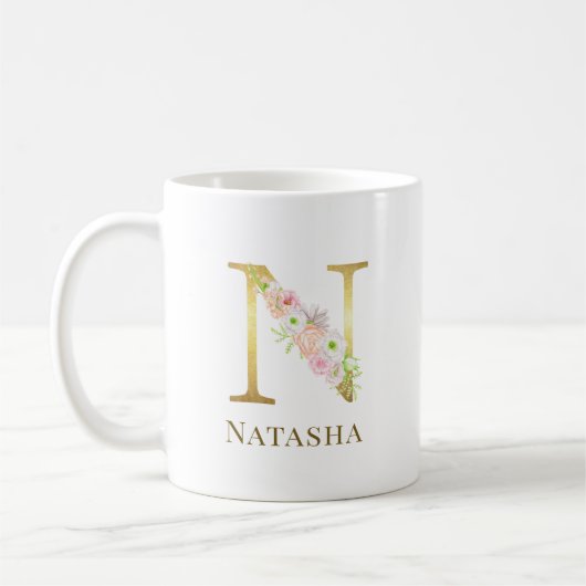 Farbflorale und goldene Buchstaben E Monogramm Kaffeetasse (Links)