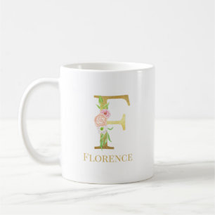 Farbflorale und goldene Buchstaben E Monogramm Kaffeetasse