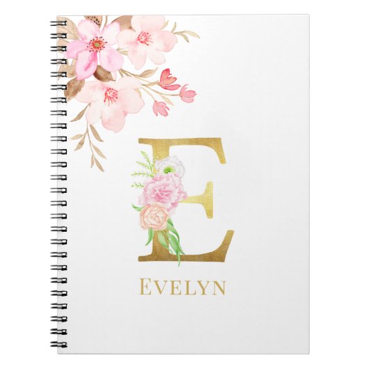 Farbflorale und goldene Buchstaben E Monogramm Notizblock (Vorderseite)