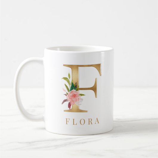Farbflorale und goldene Buchstaben F Monogramm Kaffeetasse (Links)