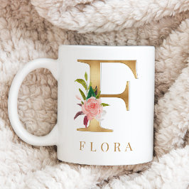 Farbflorale und goldene Buchstaben F Monogramm Kaffeetasse