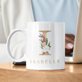 Farbflorale und goldene Buchstaben I Monogramm Kaffeetasse