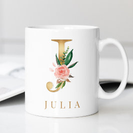 Farbflorale und goldene Buchstaben J Monogramm Kaffeetasse
