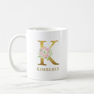 Farbflorale und goldene Buchstaben K Monogramm Kaffeetasse