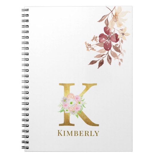 Farbflorale und goldene Buchstaben K Monogramm Notizblock (Vorderseite)