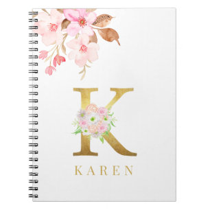 Farbflorale und goldene Buchstaben k Monogramm Notizblock