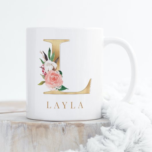 Farbflorale und goldene Buchstaben L Monogramm Kaffeetasse