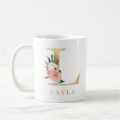 Farbflorale und goldene Buchstaben L Monogramm Kaffeetasse (Links)
