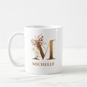 Farbflorale und goldene Buchstaben M Monogramm Kaffeetasse