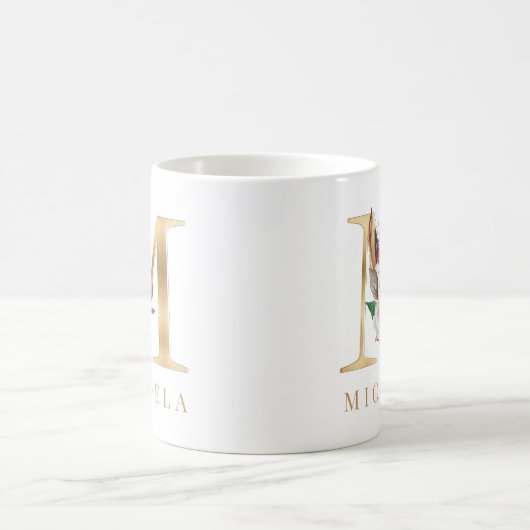 Farbflorale und goldene Buchstaben M Monogramm Kaffeetasse (Mittel)