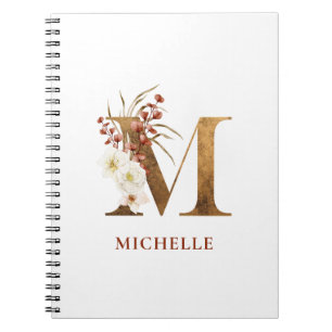 Farbflorale und goldene Buchstaben M Monogramm Notizblock