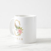 Farbflorale und goldene Buchstaben S Monogramm Kaffeetasse (Vorderseite Links)