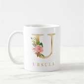 Farbflorale und goldene Buchstaben U Monogramm Kaffeetasse (Links)